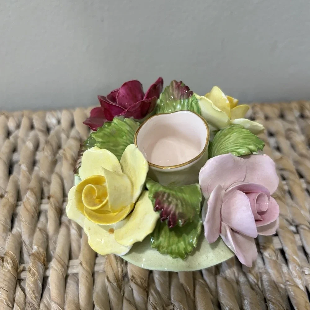 Vintage Denton Best Bone China Taper Holders England Roses‎ Gold Footed